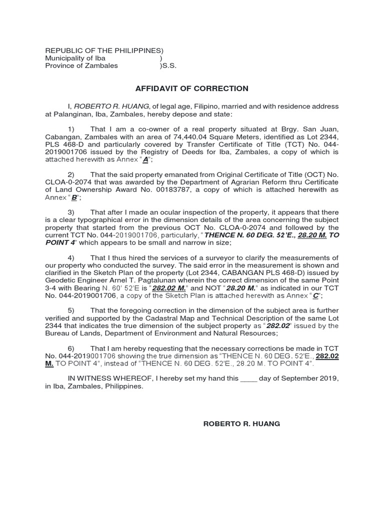 Affidavit of Correction | PDF | Surveying | Civil Law (Common Law)