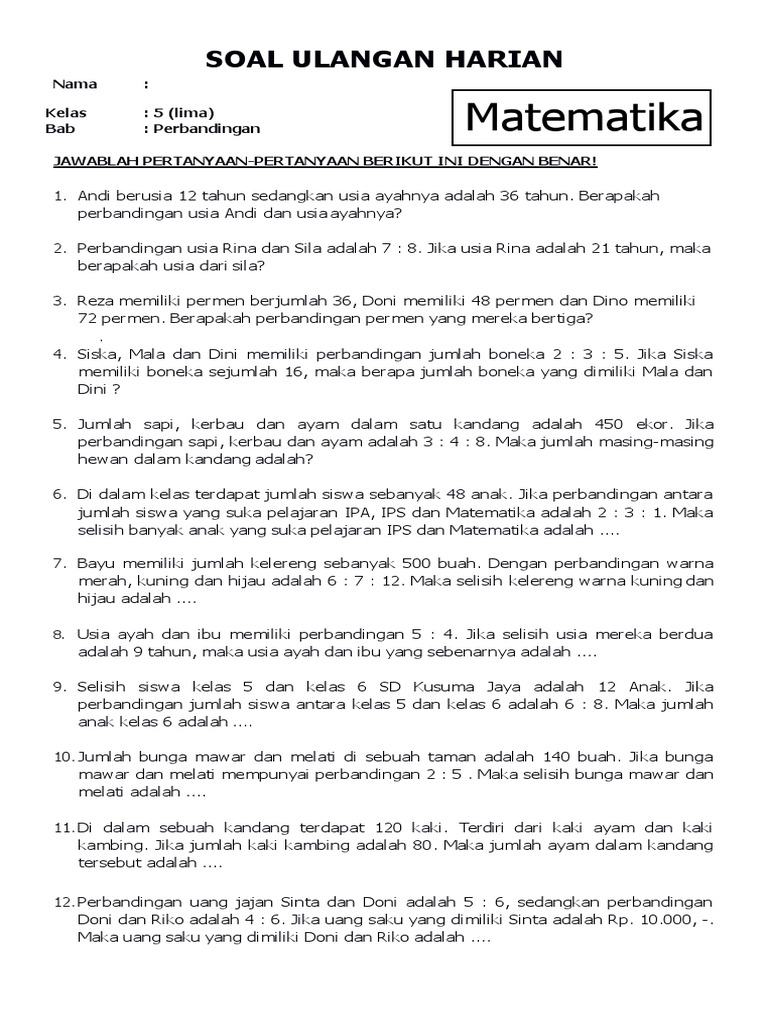 Soal Matematika Kelas 5 Sd Bab Perbandingan