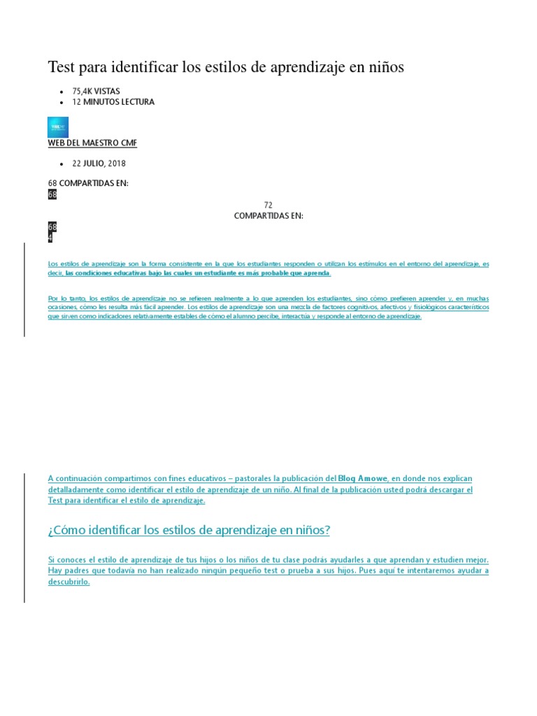 Test de Estilos de Aprendizaje Infantil | PDF | Aprendiendo estilos ...