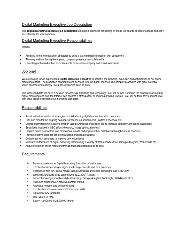 Digital Marketing Executive Job Description PDF Digital Marketing