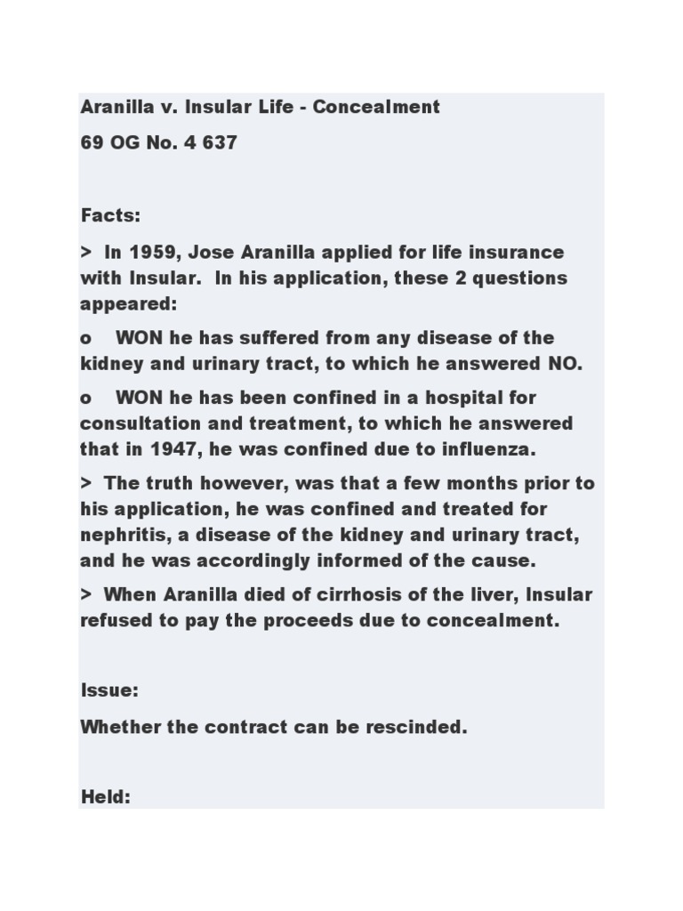 Insurance Concealment Aranilla Vs Insular Life PDF