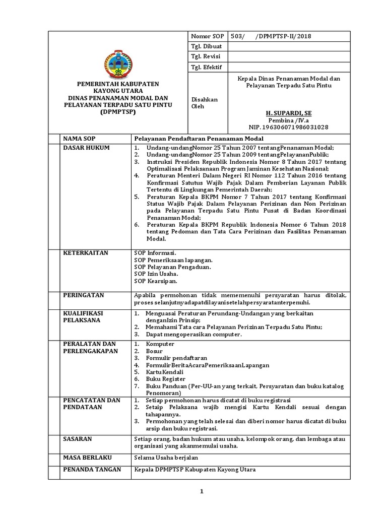 Sop-001 - Izin Prinsip PM Atau Pendaftaran Penanaman Modal # | PDF
