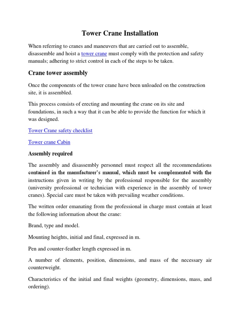 Tower Crane Installation | PDF | Crane (Machine) | Track (Rail Transport)