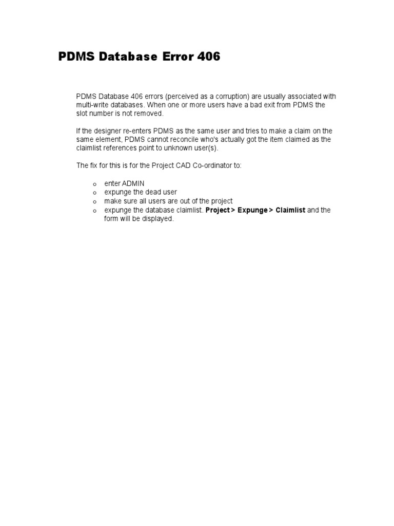 Resolving PDMS 406 Database Errors | PDF