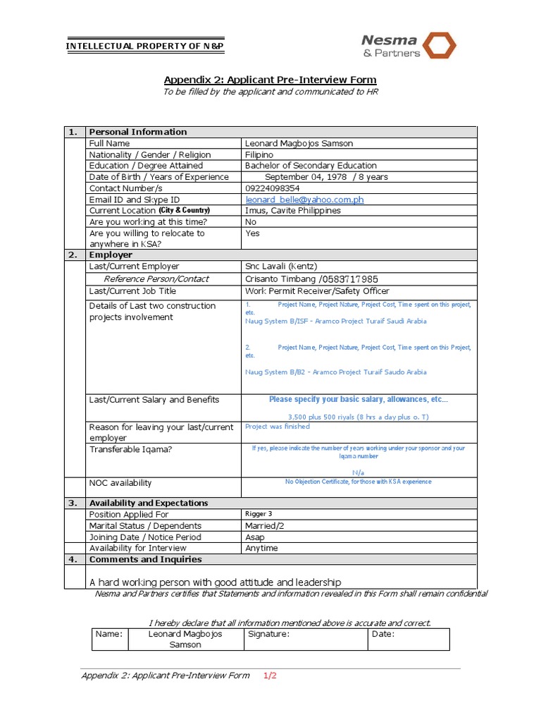 Nesma Interview Pre-Form Submission | PDF | Business