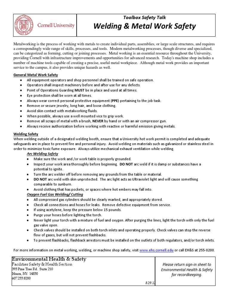 Toolbox Talk Welding and Metal Work Safety Download Free PDF
