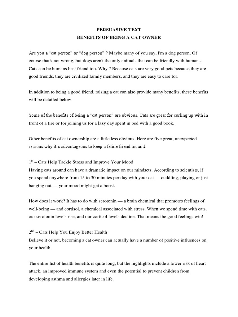 Persuasive Text Benefit of Owning Cats PDF Cats Pet