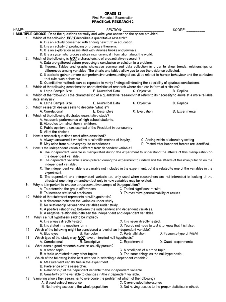 Grade 12 Practical Research Exam Guide | PDF | Experiment | Statistics