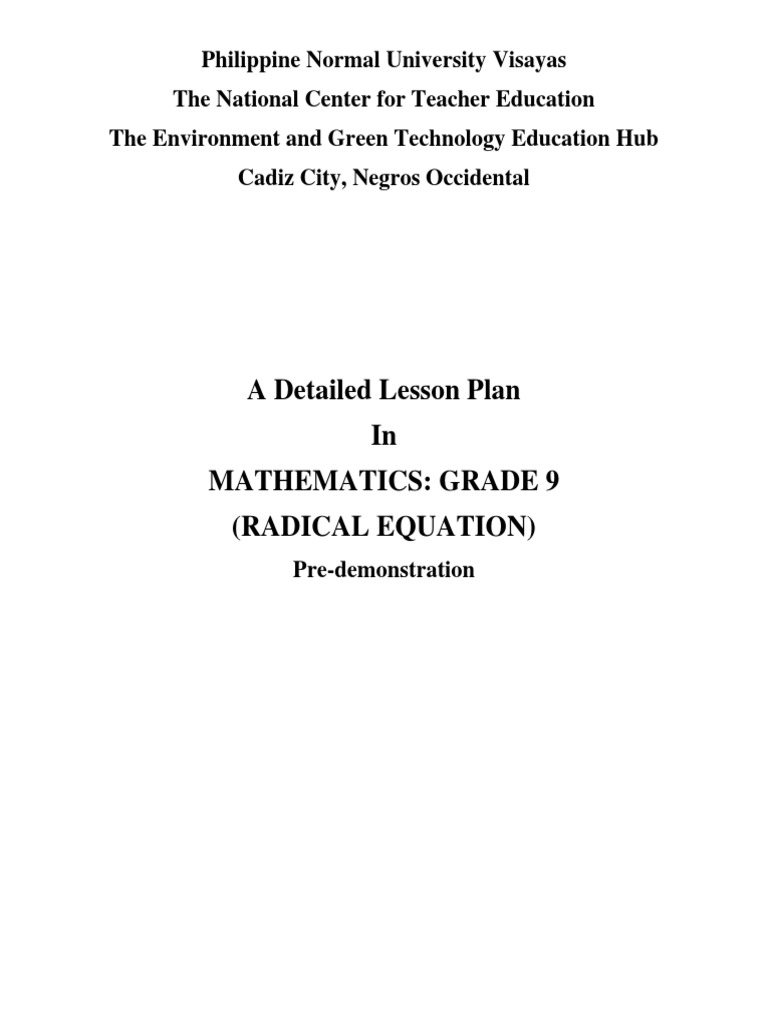 Solving Radical Equations: A Detailed Lesson Plan for Teaching Grade 9 ...
