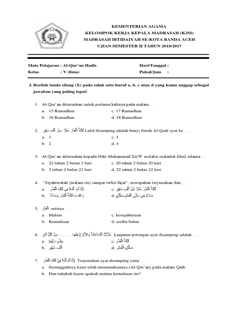 Contoh Soal Uts Quran Hadits Kelas 2 Semester 1