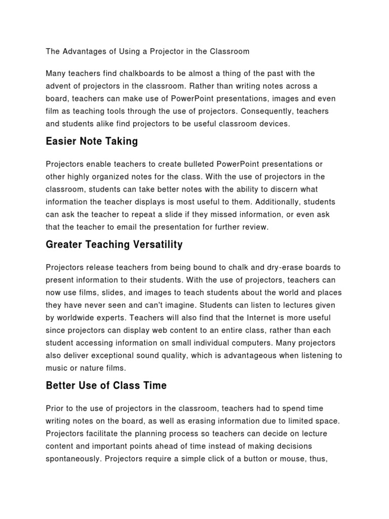 The Advantages of Using A Projector in The Classroom PDF Teachers