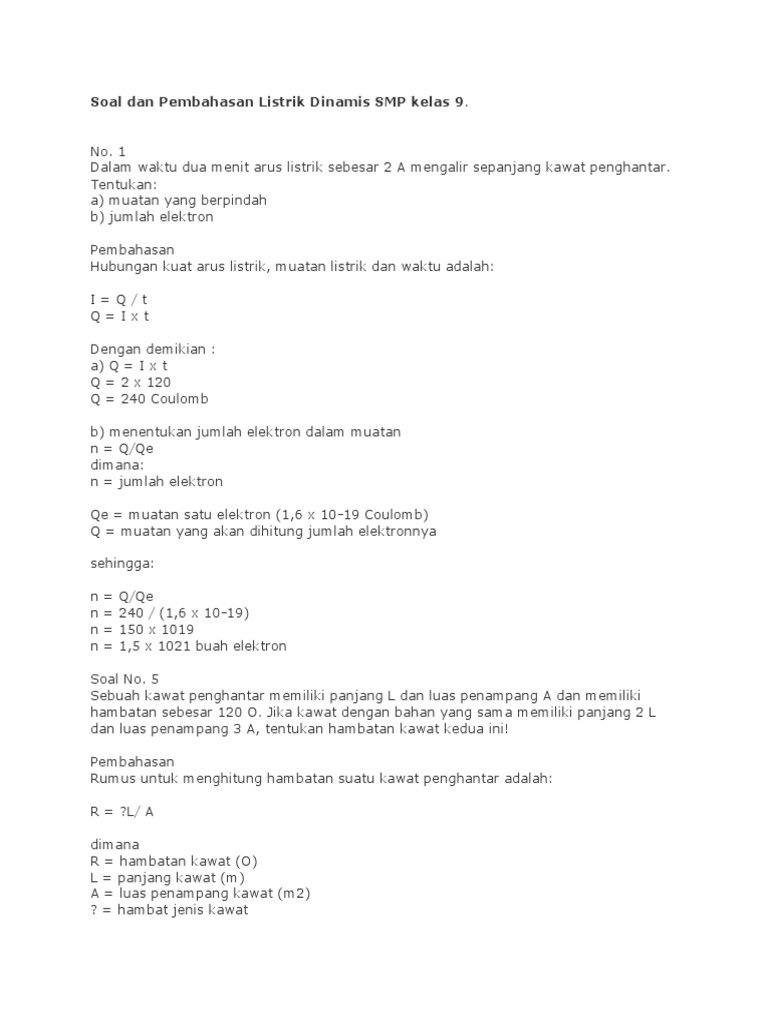 Soal Listrik Dinamis Kelas 9 dan Pembahasan | PDF