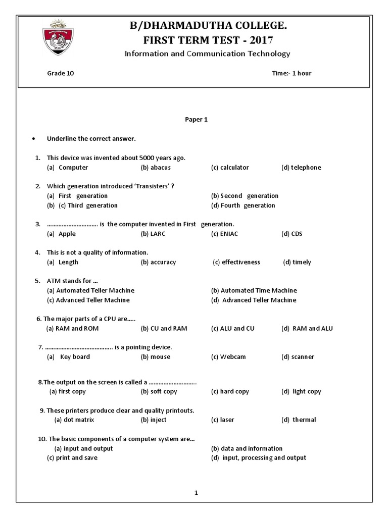 ICT Grade 10 Exam Paper 2017 | PDF | Logic Gate | Input/Output