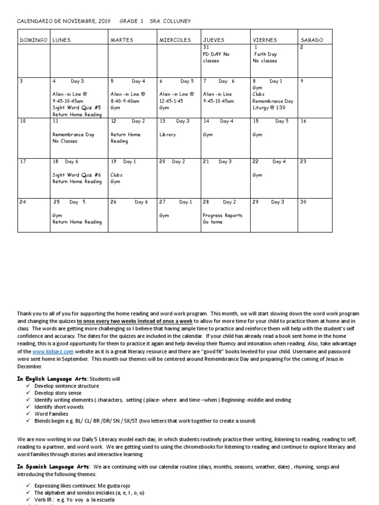 Grade 1 November 2019 Calendar & Activities | PDF | Literacy | Human ...