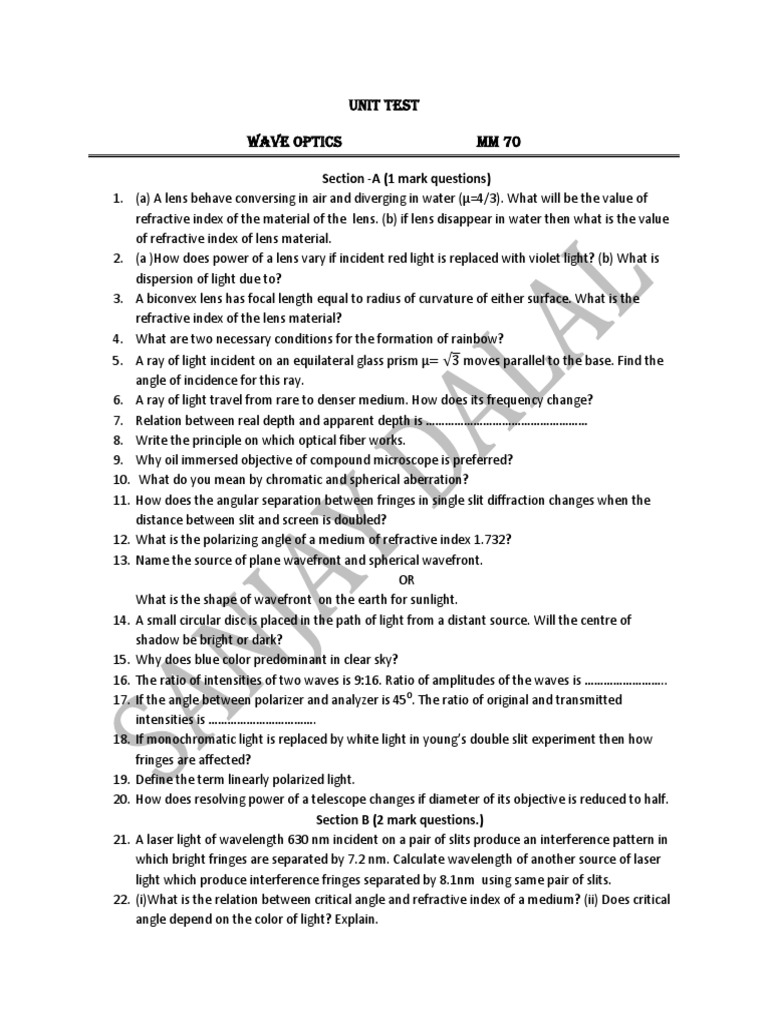 Wave Optics Unit Test Questions | PDF | Lens (Optics) | Angular Resolution