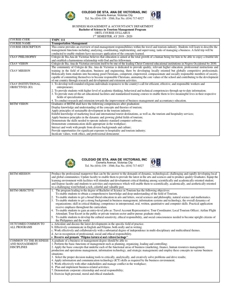 Transportation Management (BSTM 1) PDF Tourism Science