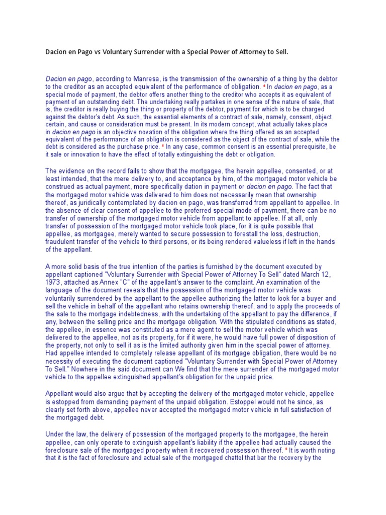 Dacion En Pago Vs Contract To Sell Pdf Mortgage Law Foreclosure