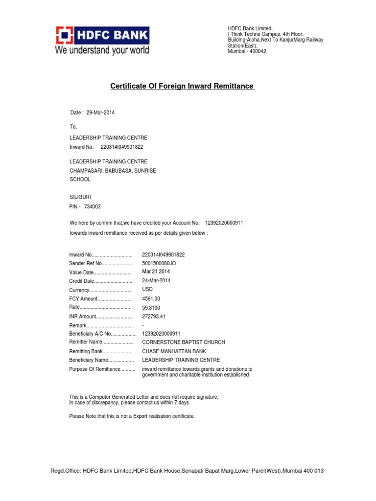 Certificate of Foreign Inward Remittance PDF | PDF