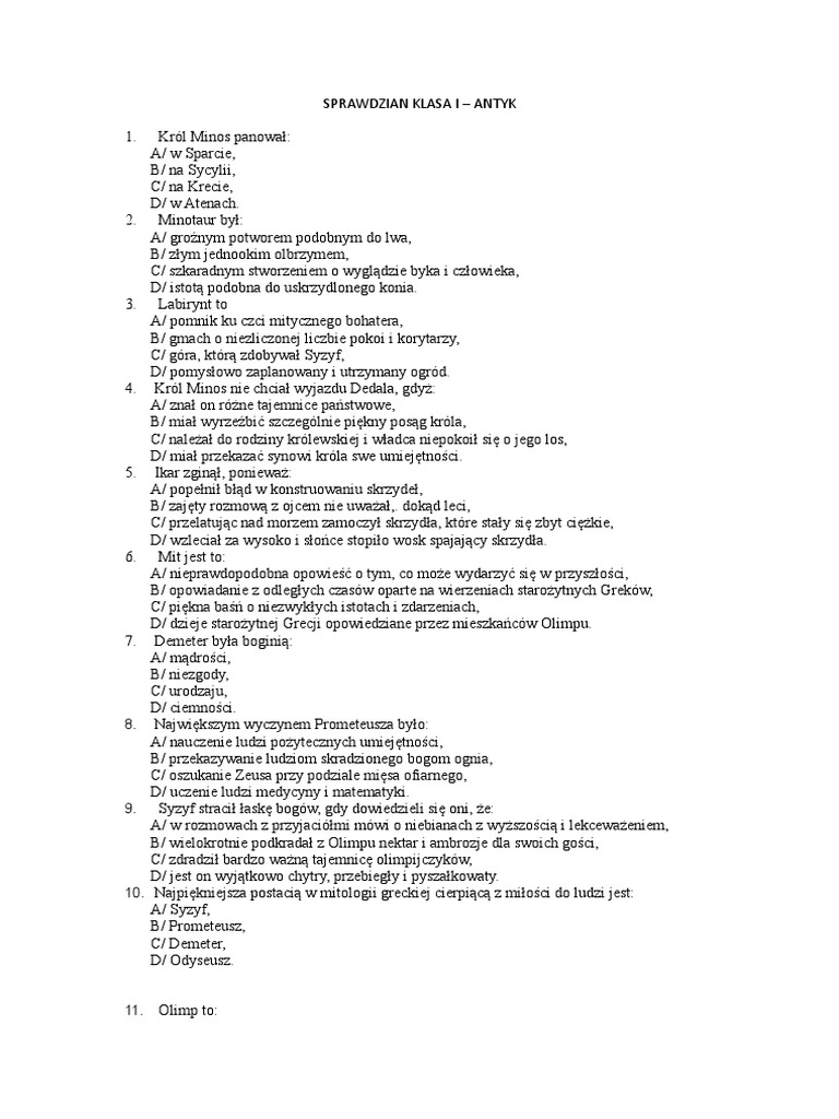 Test Z Mitologii Klasa 5 Pdf