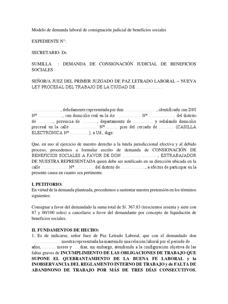 Modelo de Demanda Laboral de Consignación Judicial de Beneficios Sociales |  PDF | Demanda judicial | Derecho laboral