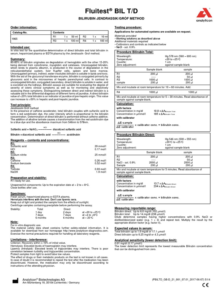 Fluitest Bil T/D Bilirubin Jendrassik/Gróf Method Chemistry Nature