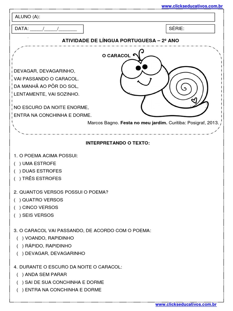 Atividade de Poema: O Caracol 2º Ano | PDF