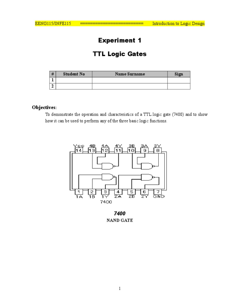 Experiment 1 TTL Logic Gates: Objectives | PDF | Logic Gate | Digital ...