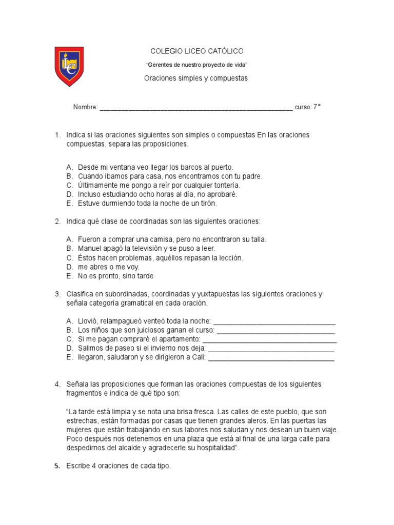Oraciones Simples y Compuestas para 7° | PDF | Artes del Lenguaje y ...