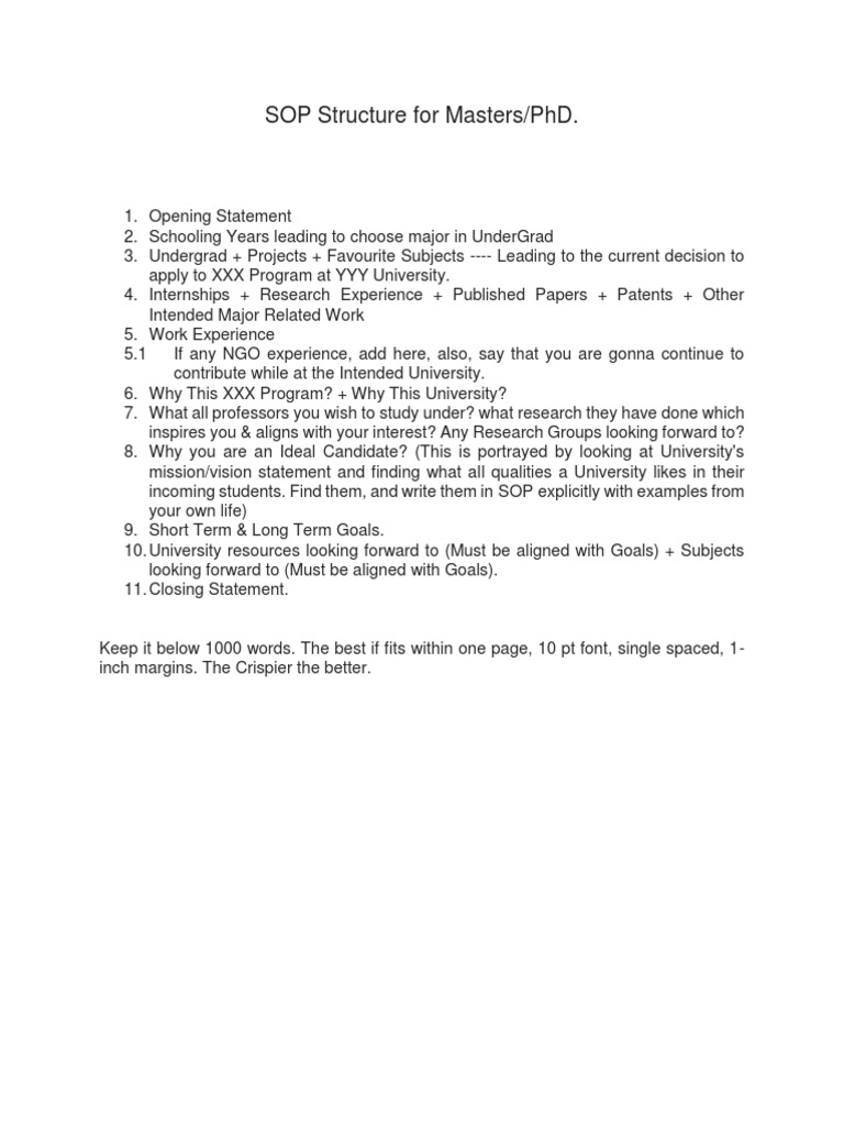 SOP Structure for Masters/PhD Applications | PDF | Career & Growth