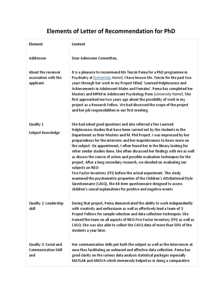 PhD Recommendation Letter Elements | PDF | Evaluation Methods | Psychology