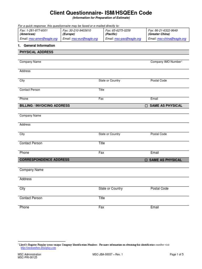 ISM/HSQEEn Client Questionnaire | PDF | Ships | Shipping