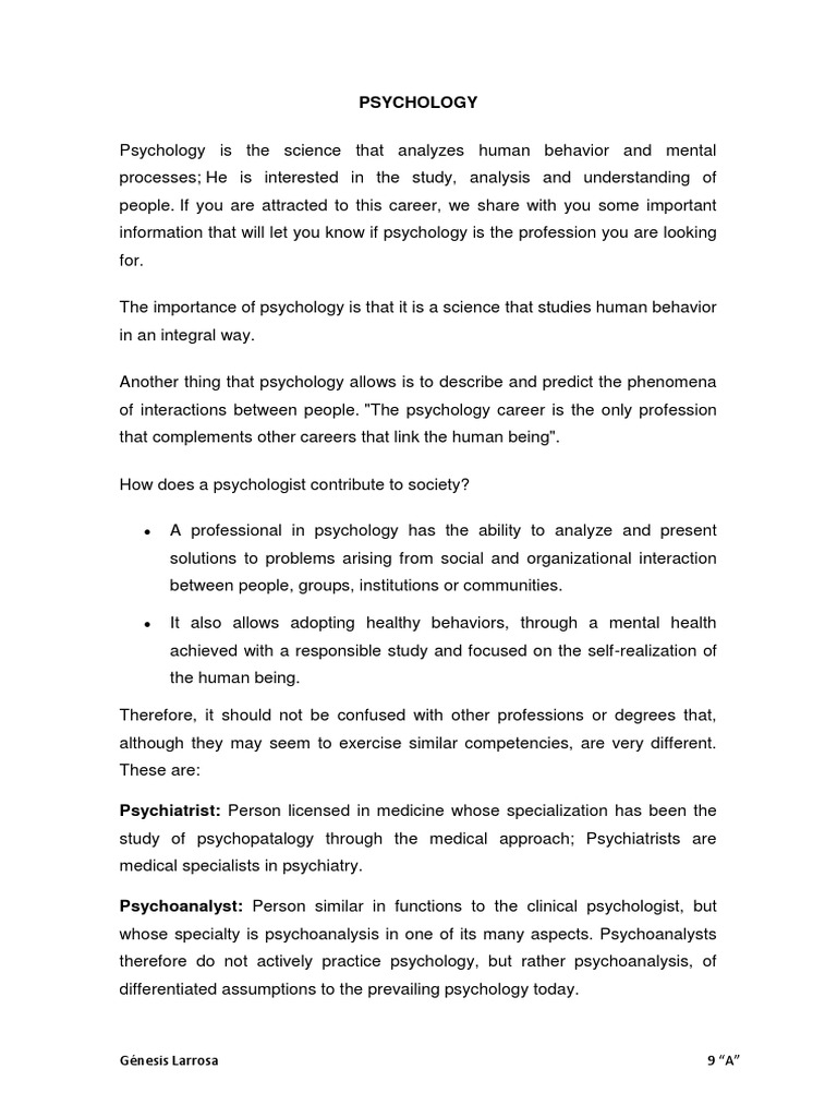 Psychology Génesis Larrosa 9 "A" PDF Psychotherapy Psychoanalysis