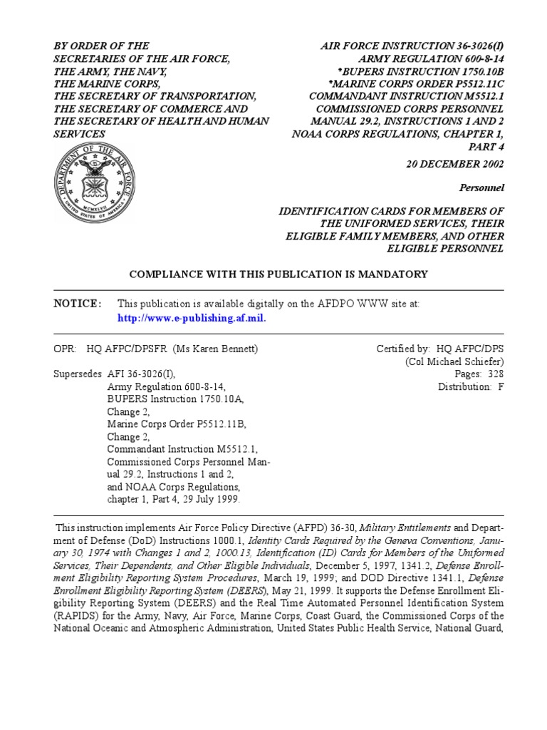 Identification Cards For Members of The Uniformed Services, Their