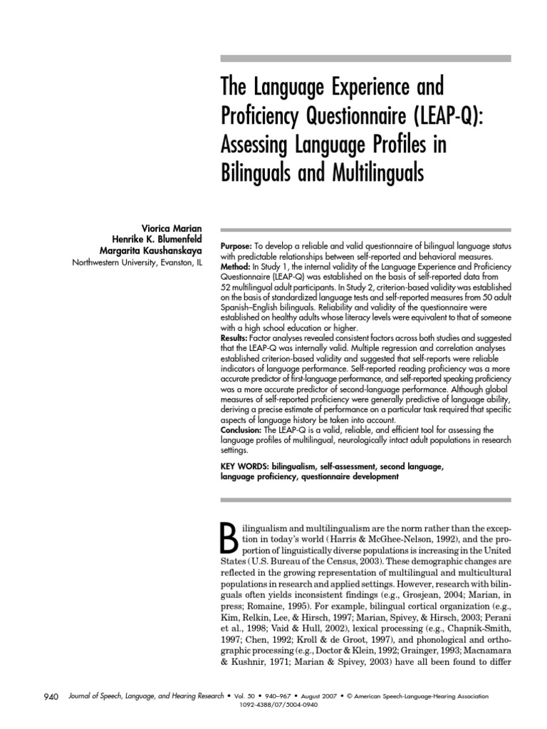 LEAP-Q: Bilingual Language Assessment Tool | PDF | Multilingualism ...