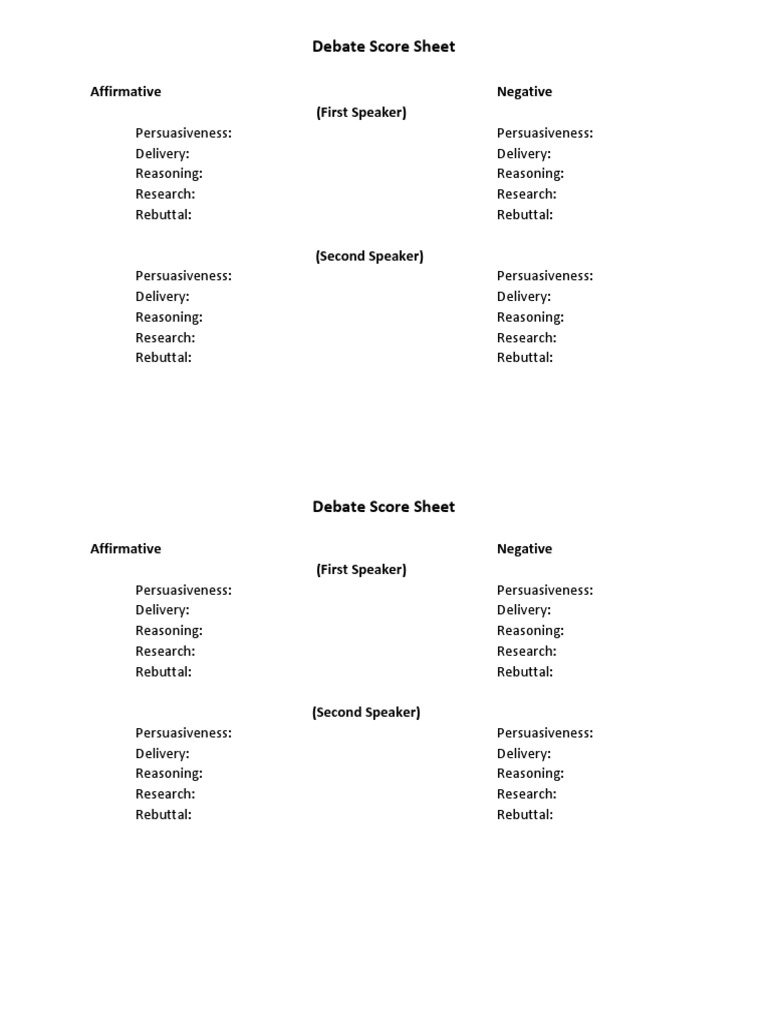 Debate Score Sheet: Affirmative Negative (First Speaker) | PDF | Philosophy