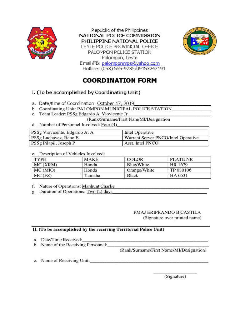 PNP Coordination Form Example | PDF