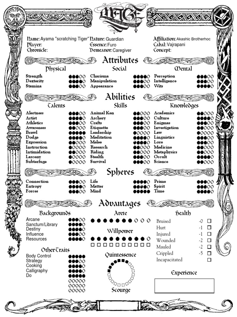 Attributes: Name: Player: Chronicle: Nature: Essence: Demeanor ...