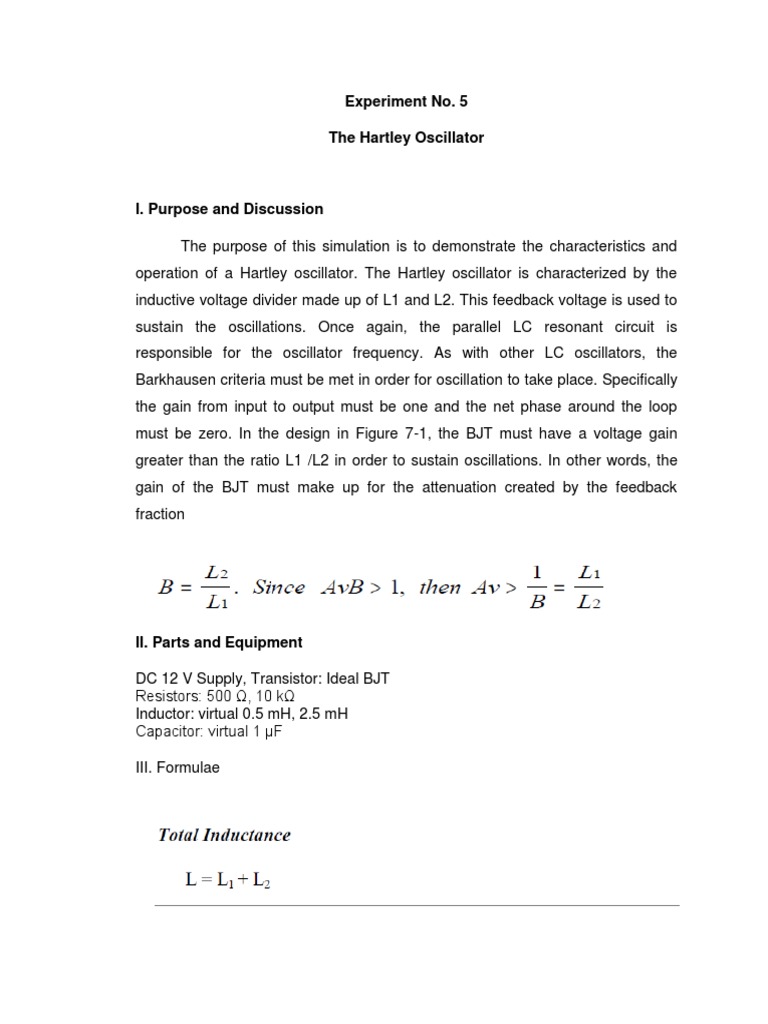 Experiment No. 5 The Hartley Oscillator PDF Electronic Oscillator