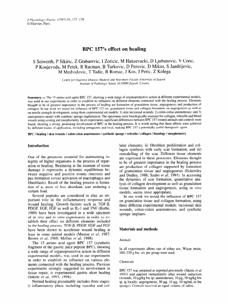 BPC 157's Effect On Healing: J PL Siol0g.v | PDF | Healing | Wound Healing