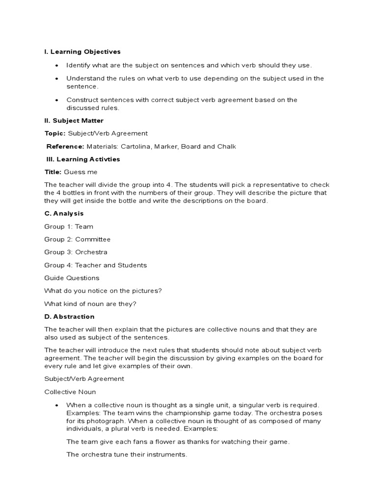 4as lesson plan subject verb agreement subject grammar 