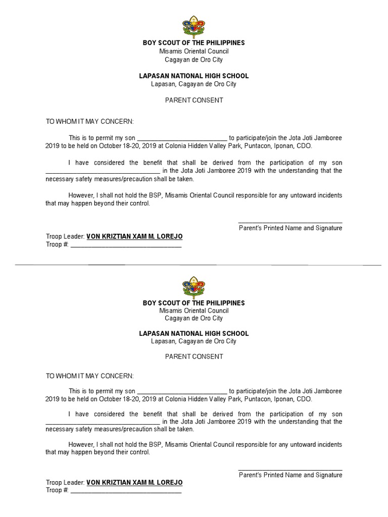 Parent Consent for Jota Joti Jamboree | PDF | Youth Movements | Boy ...