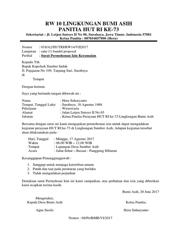 Izin Keramaian HUT RI ke-73 Bumi Asih | PDF