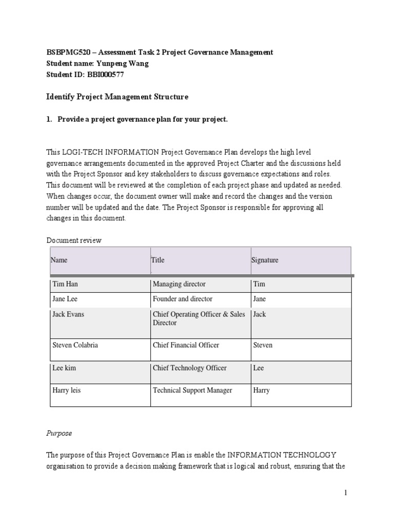 Project Governance Plan for LOGI-TECH | PDF | Corporate Governance ...