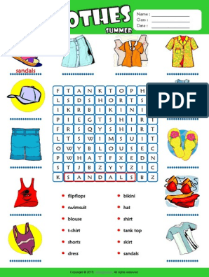 Summer Clothes Esl Vocabulary Word Search Worksheet For Kids PDF