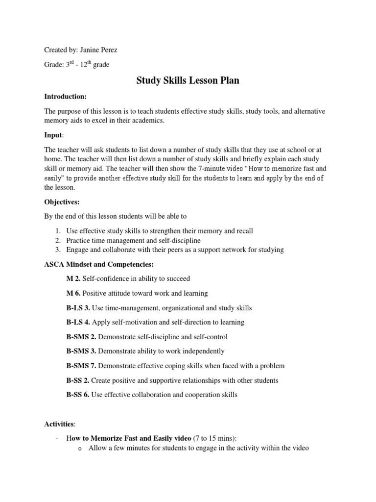 Study Skills Lesson Plan for Grades 3-12 | PDF | Study Skills | Memory
