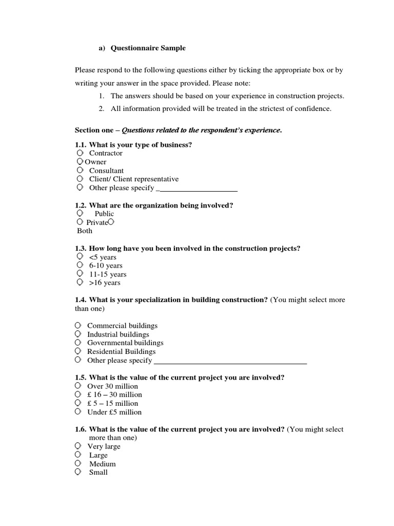 Construction Project Delay Questionnaire | PDF | Construction Bidding ...