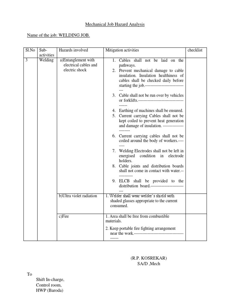 Mechanical Job Hazard Analysis Name of The Job: WELDING JOB | PDF ...