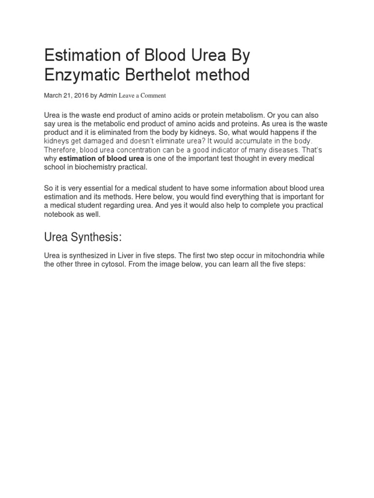 Estimation of Blood Urea by Enzymatic Berthelot Method PDF Urea
