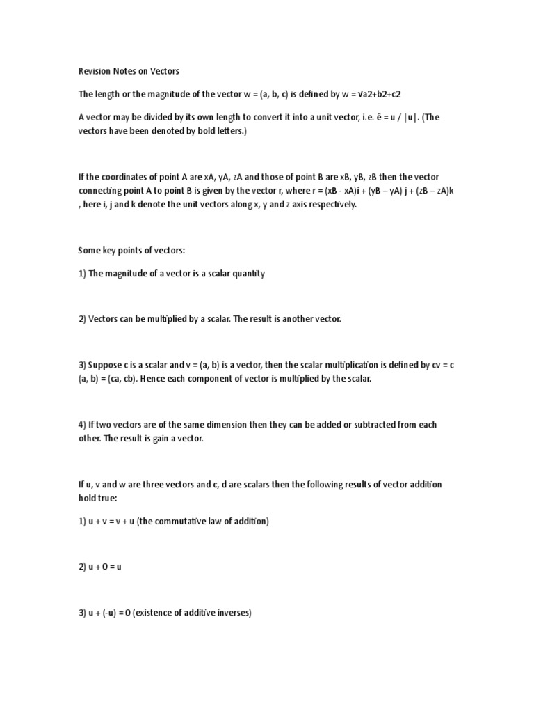 Revision Notes On Vector Scalar Mathematics Euclidean Vector