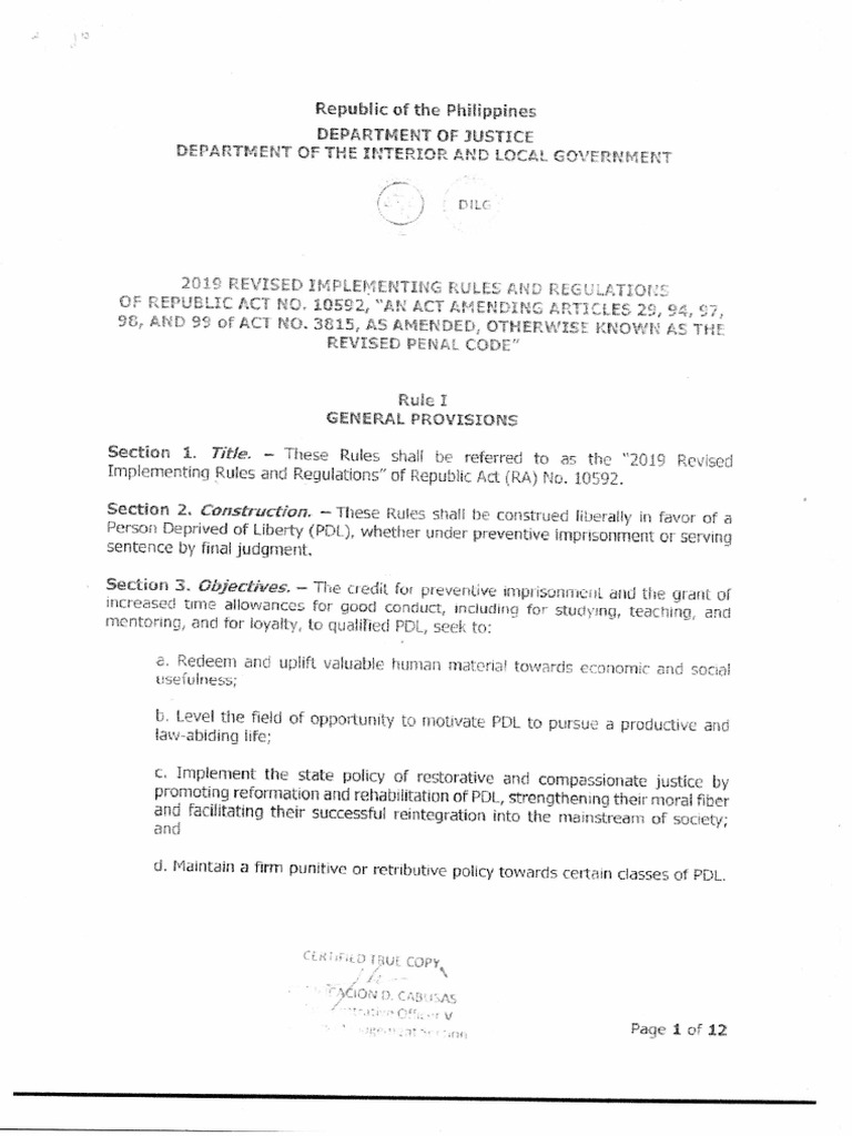 Implementing Rules and Regulations for the Good Conduct Time Allowance